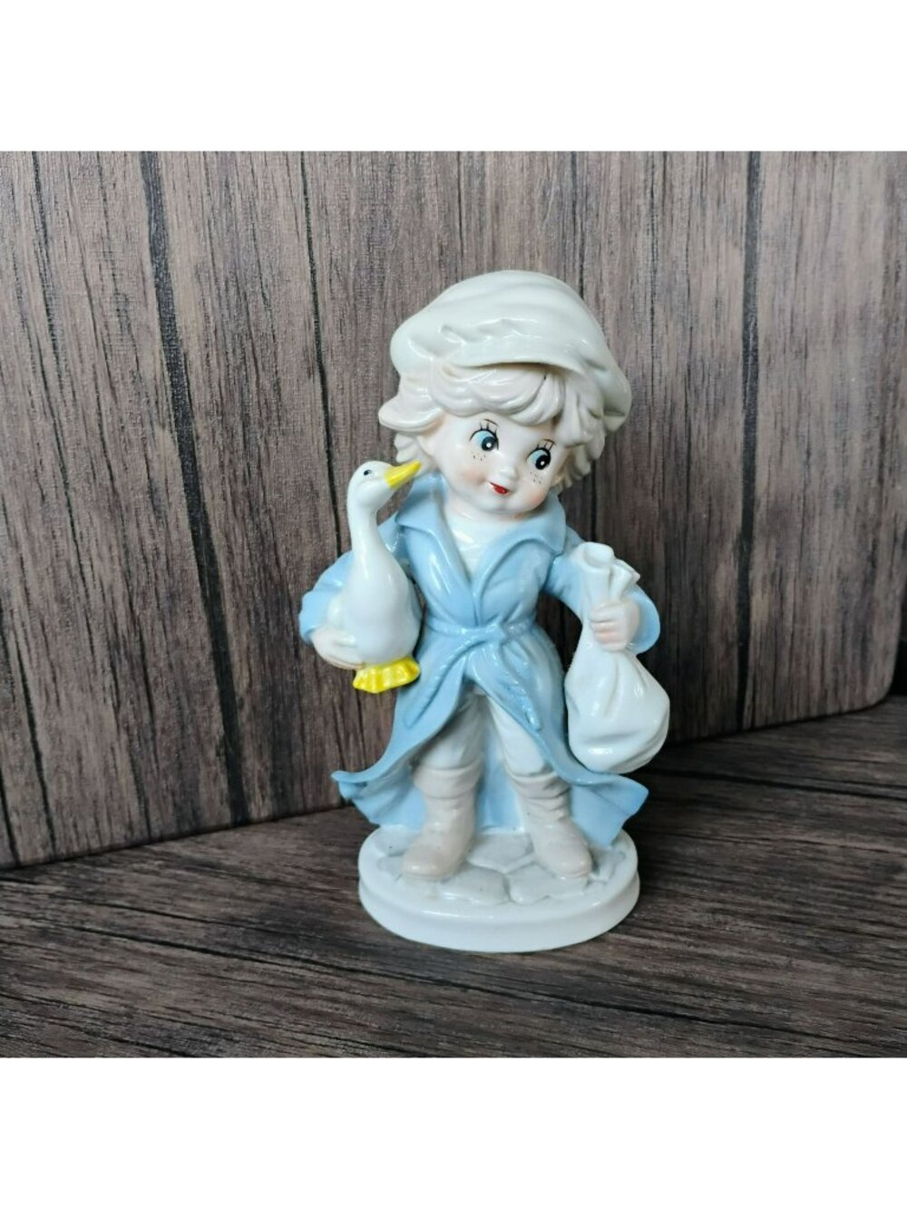 Porcelain Figurine Boy With Goose In Blue Robe - KPM Germany - 8" Vintage